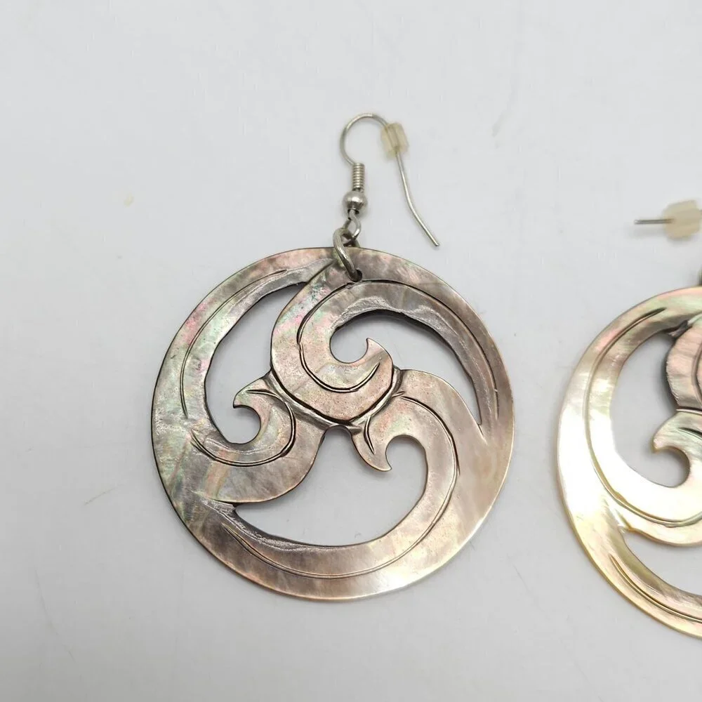 Round Abalone Shell Dangle Earrings With Swirl Design Vintage